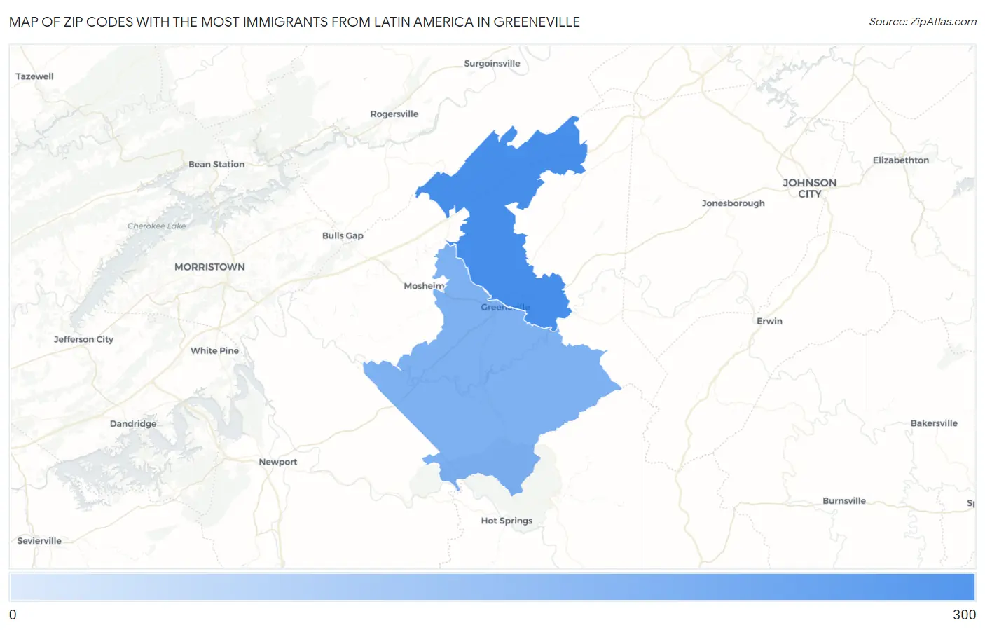 Zip Codes with the Most Immigrants from Latin America in Greeneville Map
