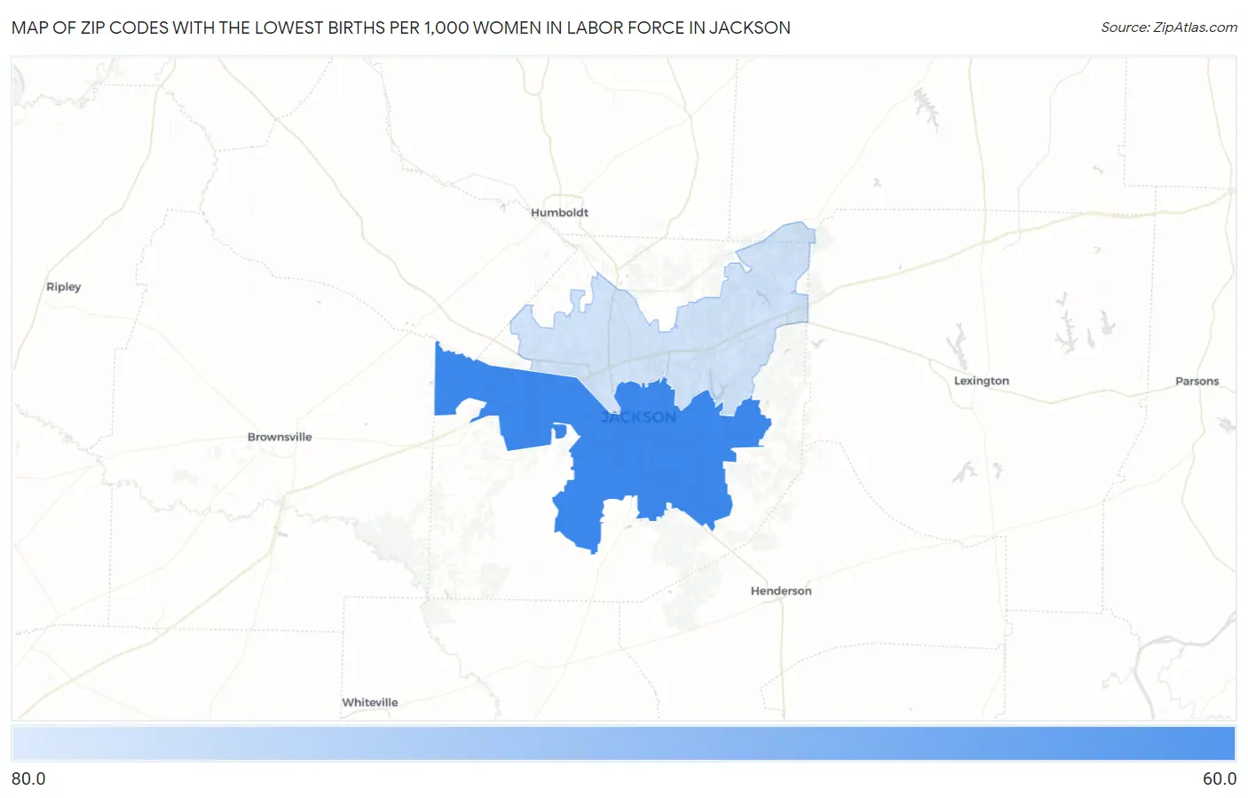 Zip Codes with the Lowest Births per 1,000 Women in Labor Force in Jackson Map