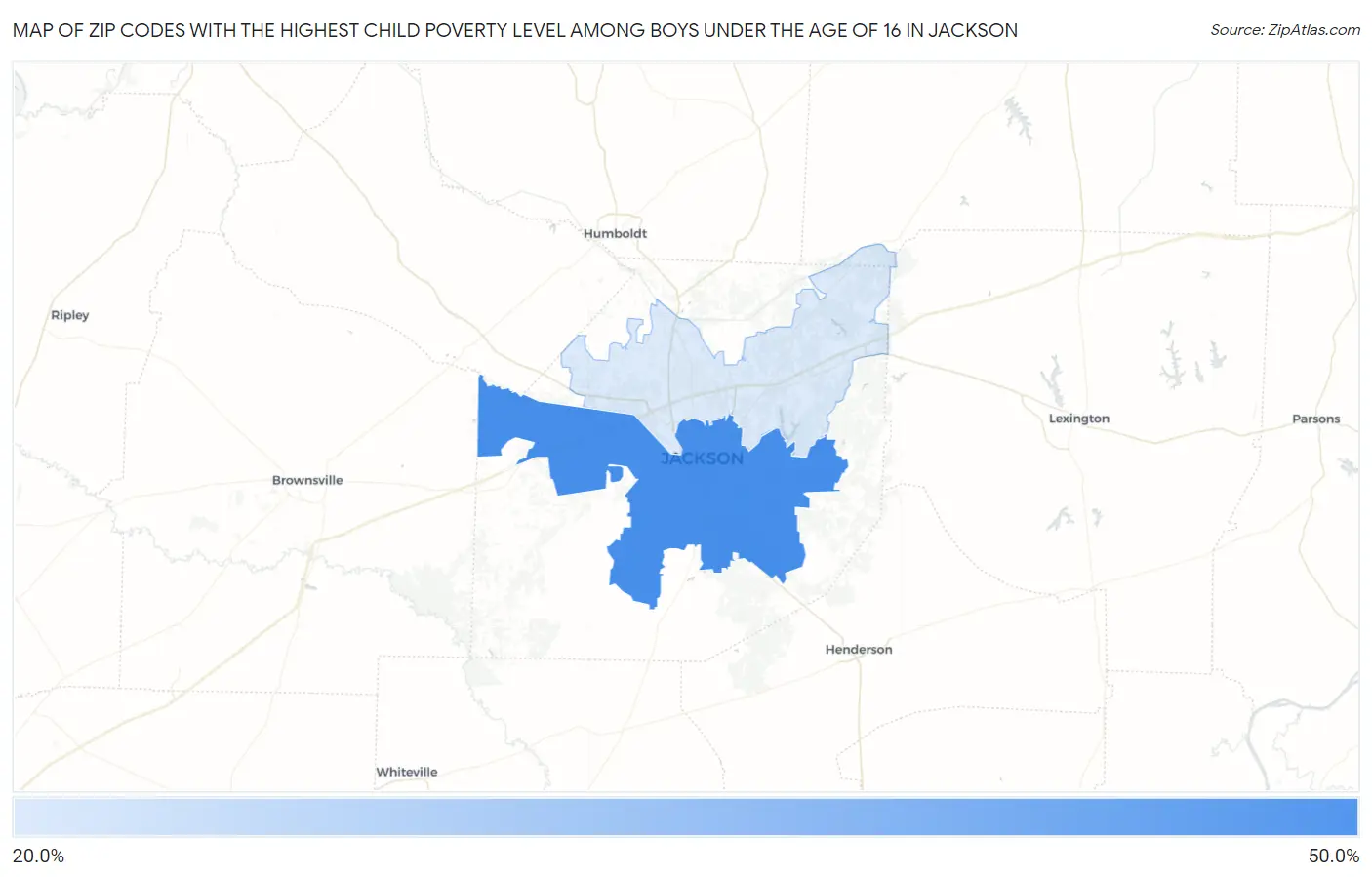 Zip Codes with the Highest Child Poverty Level Among Boys Under the Age of 16 in Jackson Map