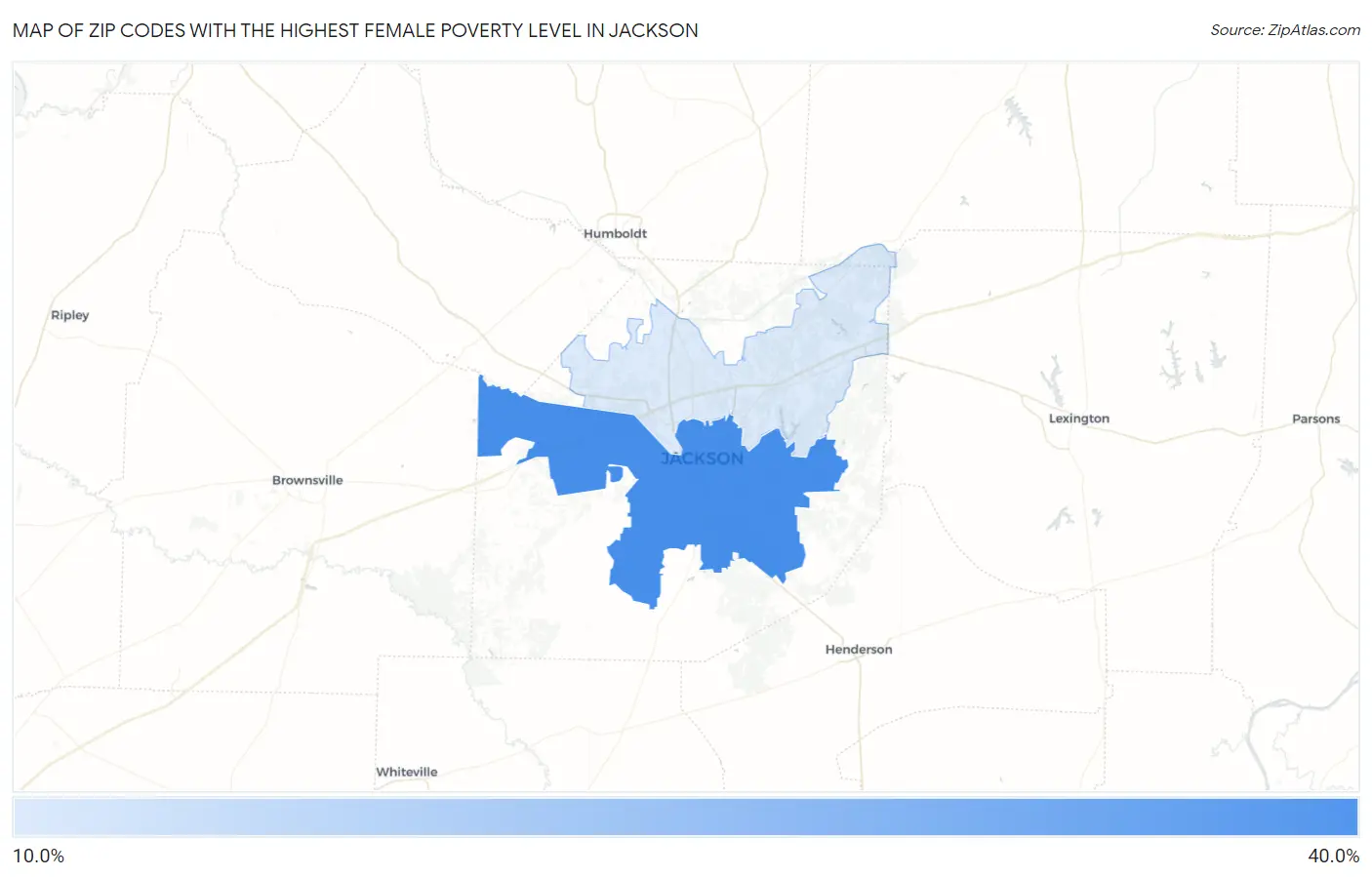 Zip Codes with the Highest Female Poverty Level in Jackson Map