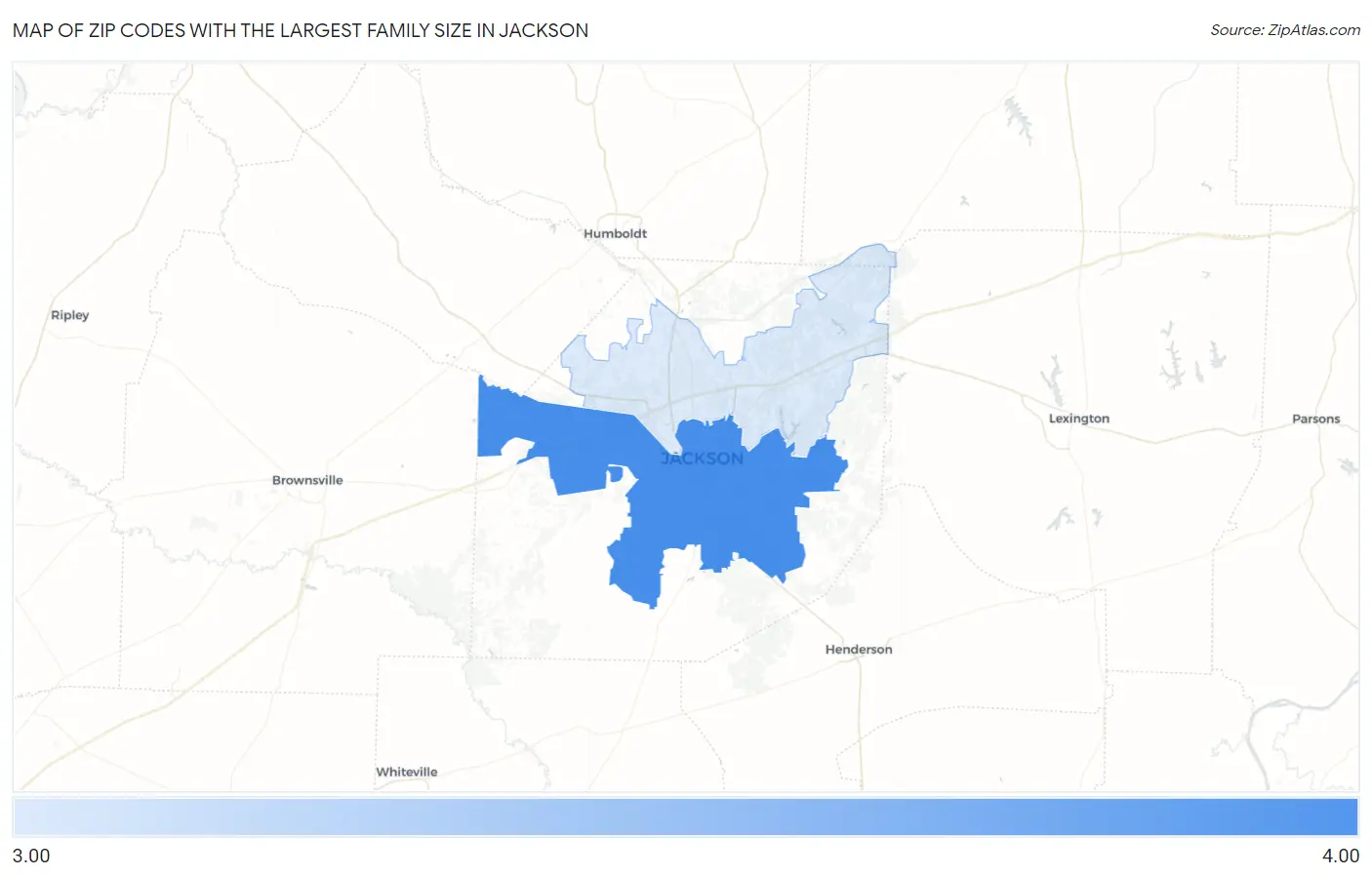 Zip Codes with the Largest Family Size in Jackson Map