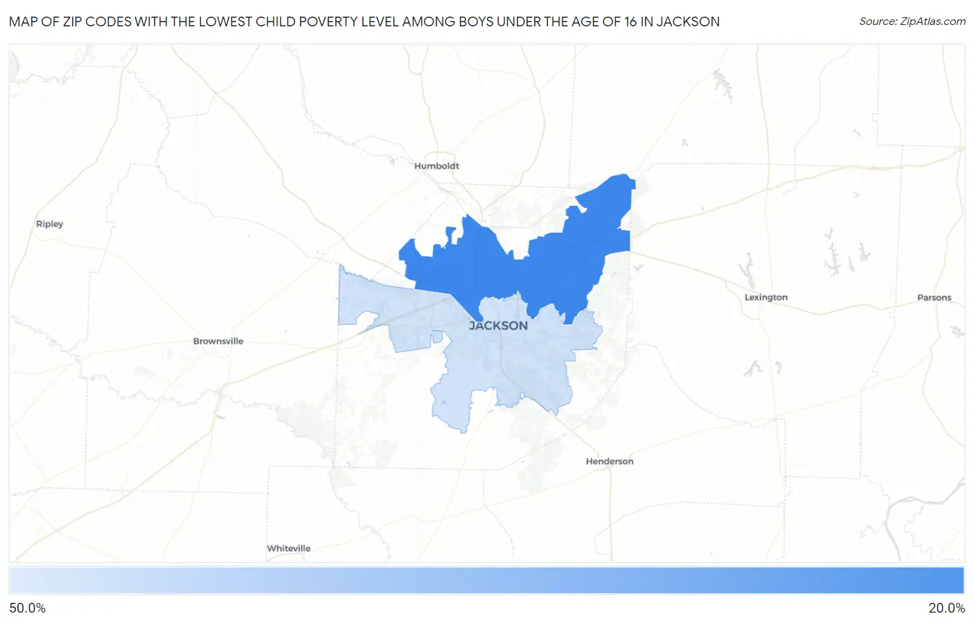 Zip Codes with the Lowest Child Poverty Level Among Boys Under the Age of 16 in Jackson Map