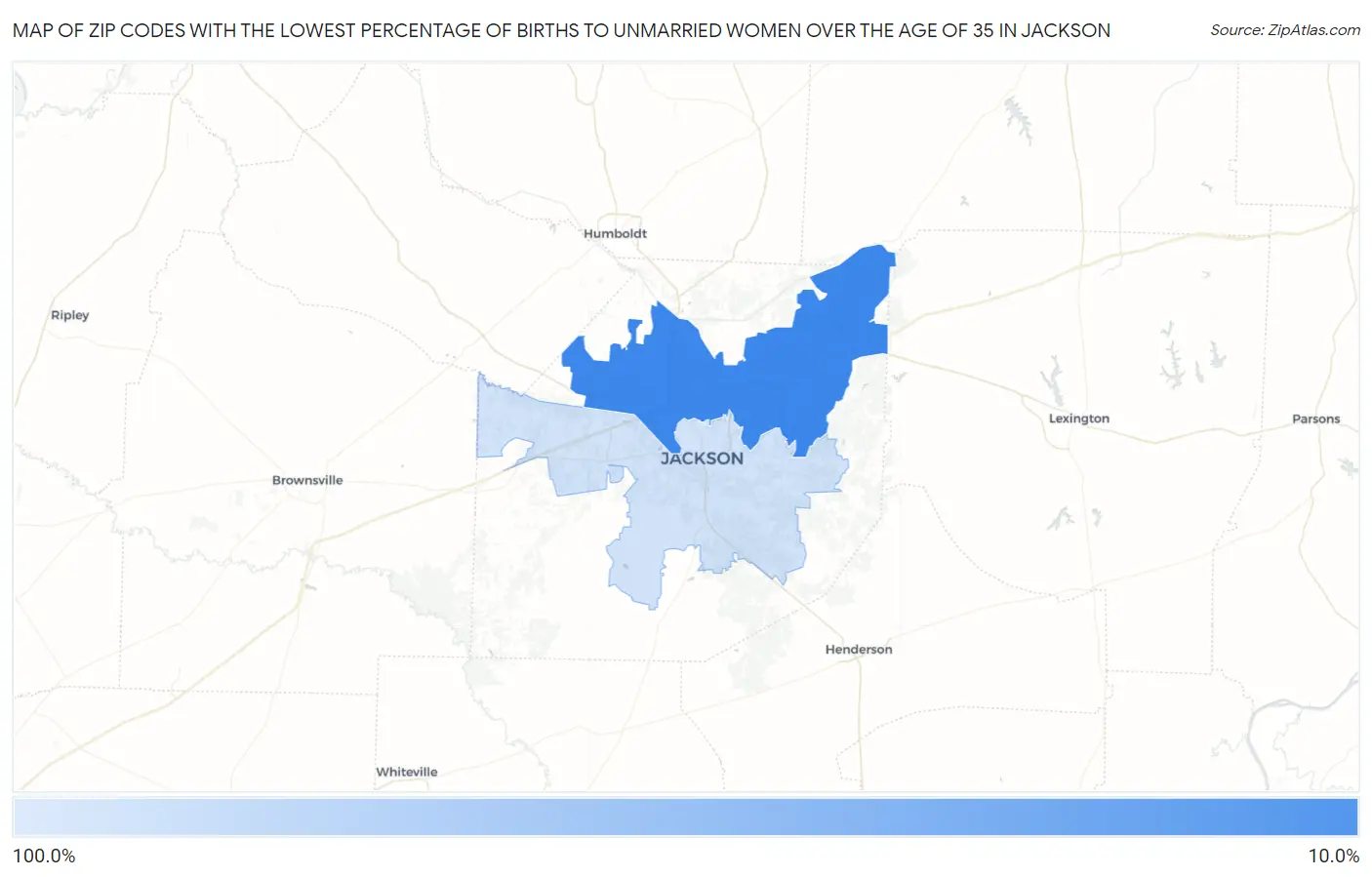 Zip Codes with the Lowest Percentage of Births to Unmarried Women over the Age of 35 in Jackson Map