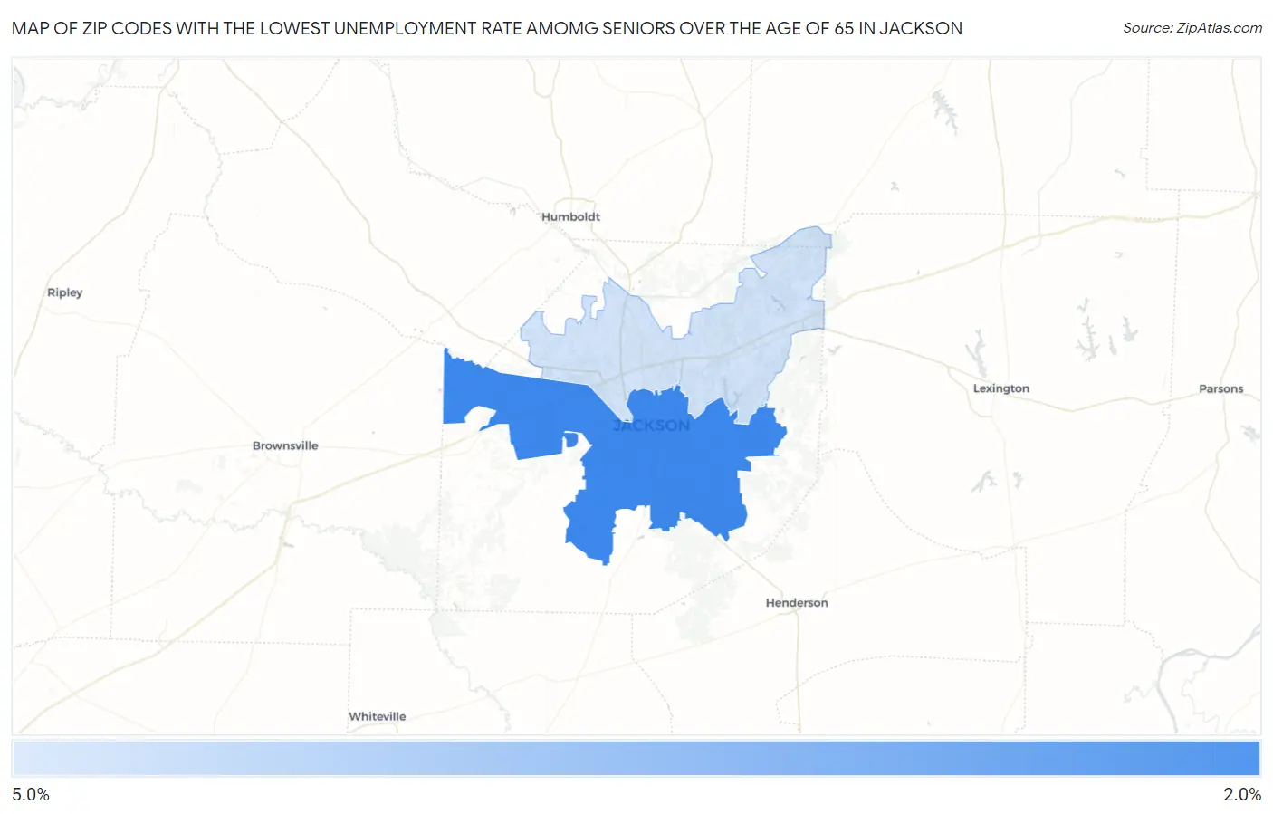 Zip Codes with the Lowest Unemployment Rate Amomg Seniors Over the Age of 65 in Jackson Map