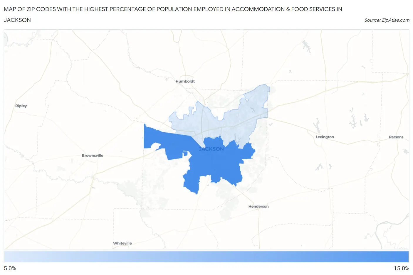 Zip Codes with the Highest Percentage of Population Employed in Accommodation & Food Services in Jackson Map