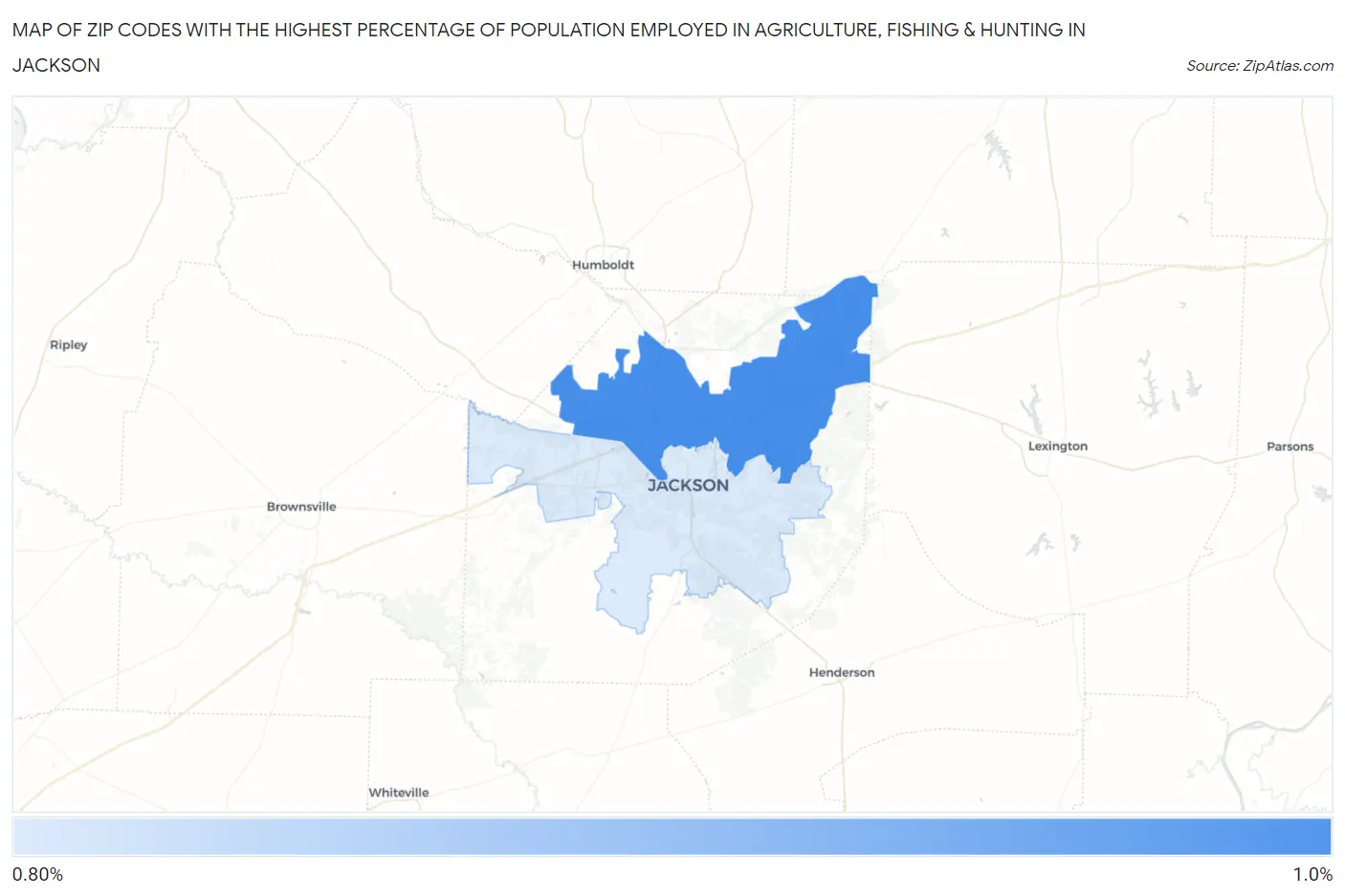 Zip Codes with the Highest Percentage of Population Employed in Agriculture, Fishing & Hunting in Jackson Map