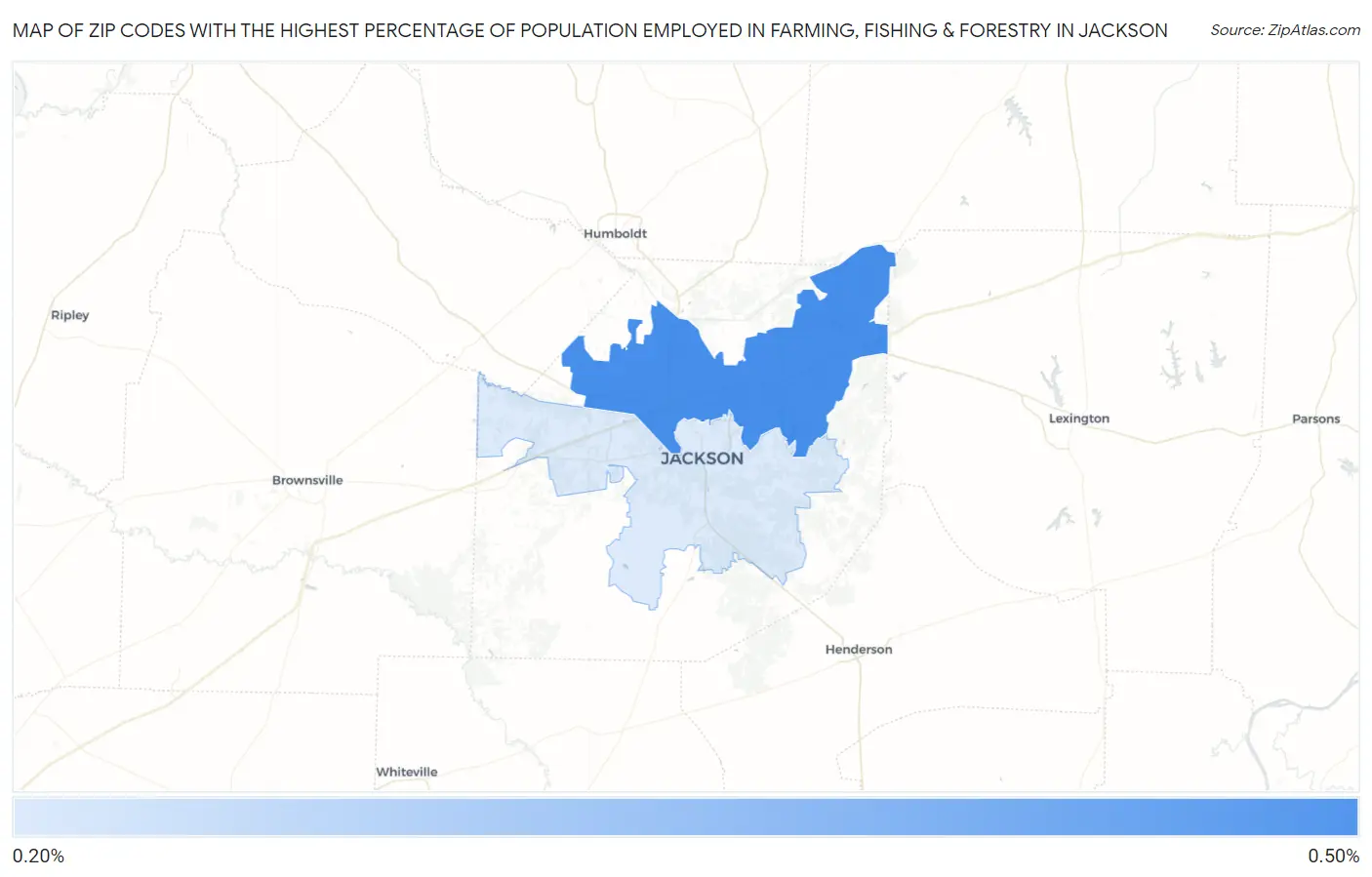 Zip Codes with the Highest Percentage of Population Employed in Farming, Fishing & Forestry in Jackson Map