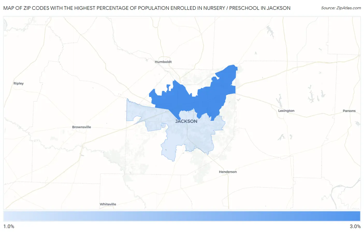 Zip Codes with the Highest Percentage of Population Enrolled in Nursery / Preschool in Jackson Map