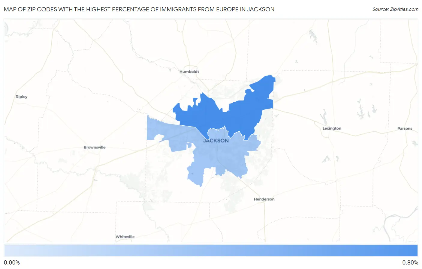 Zip Codes with the Highest Percentage of Immigrants from Europe in Jackson Map