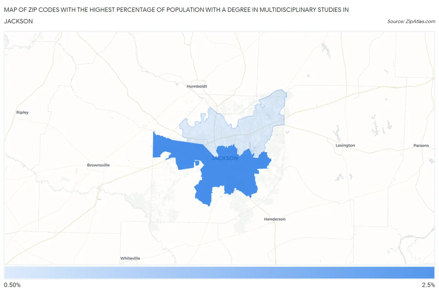 Zip Codes with the Highest Percentage of Population with a Degree in Multidisciplinary Studies in Jackson Map