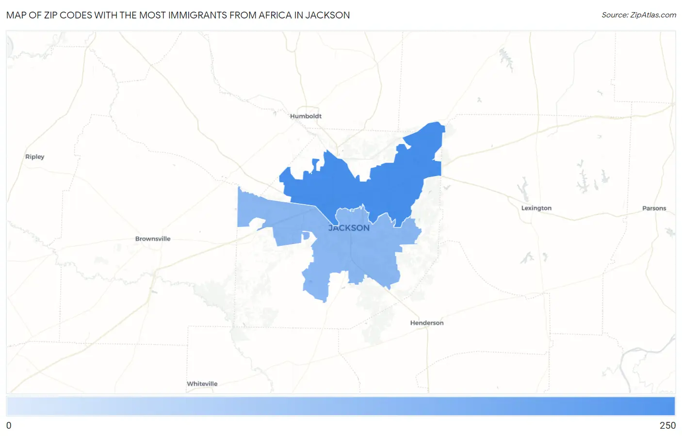 Zip Codes with the Most Immigrants from Africa in Jackson Map