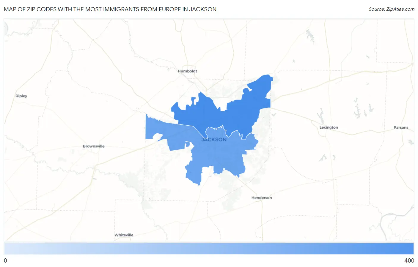 Zip Codes with the Most Immigrants from Europe in Jackson Map