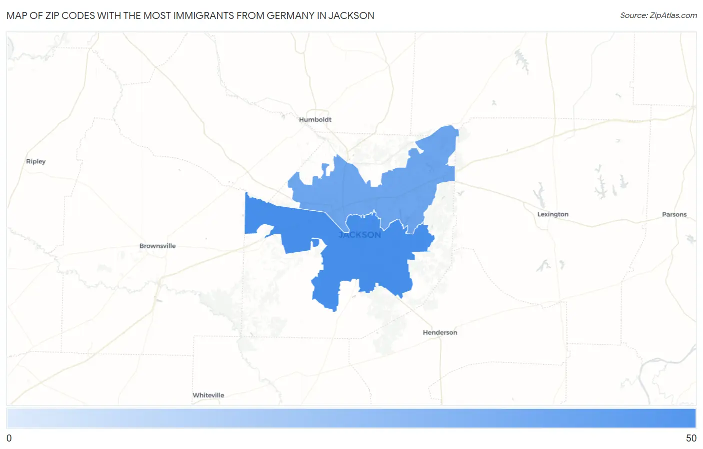 Zip Codes with the Most Immigrants from Germany in Jackson Map