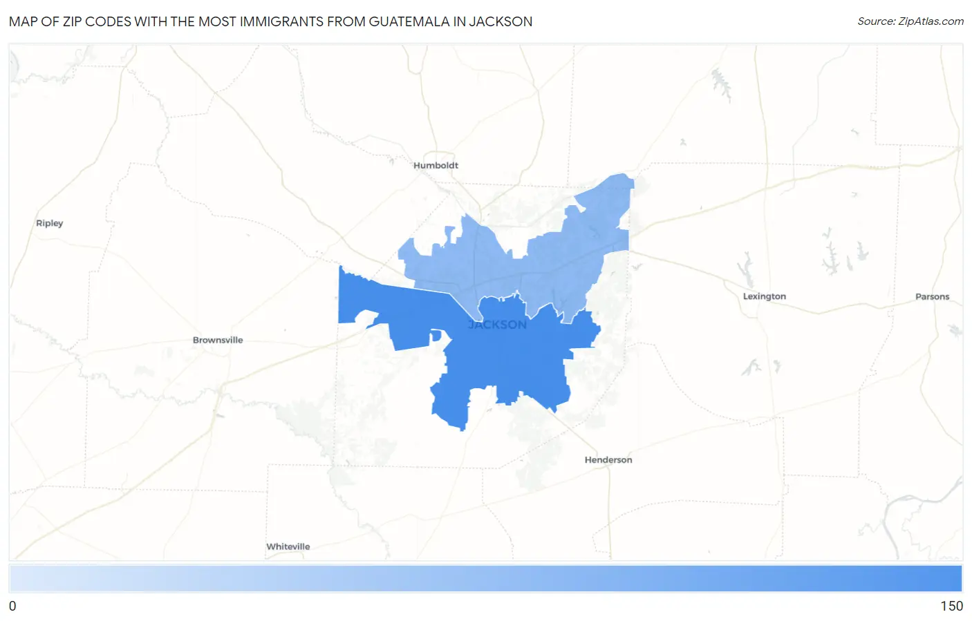 Zip Codes with the Most Immigrants from Guatemala in Jackson Map