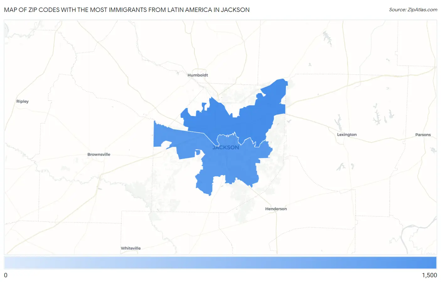 Zip Codes with the Most Immigrants from Latin America in Jackson Map