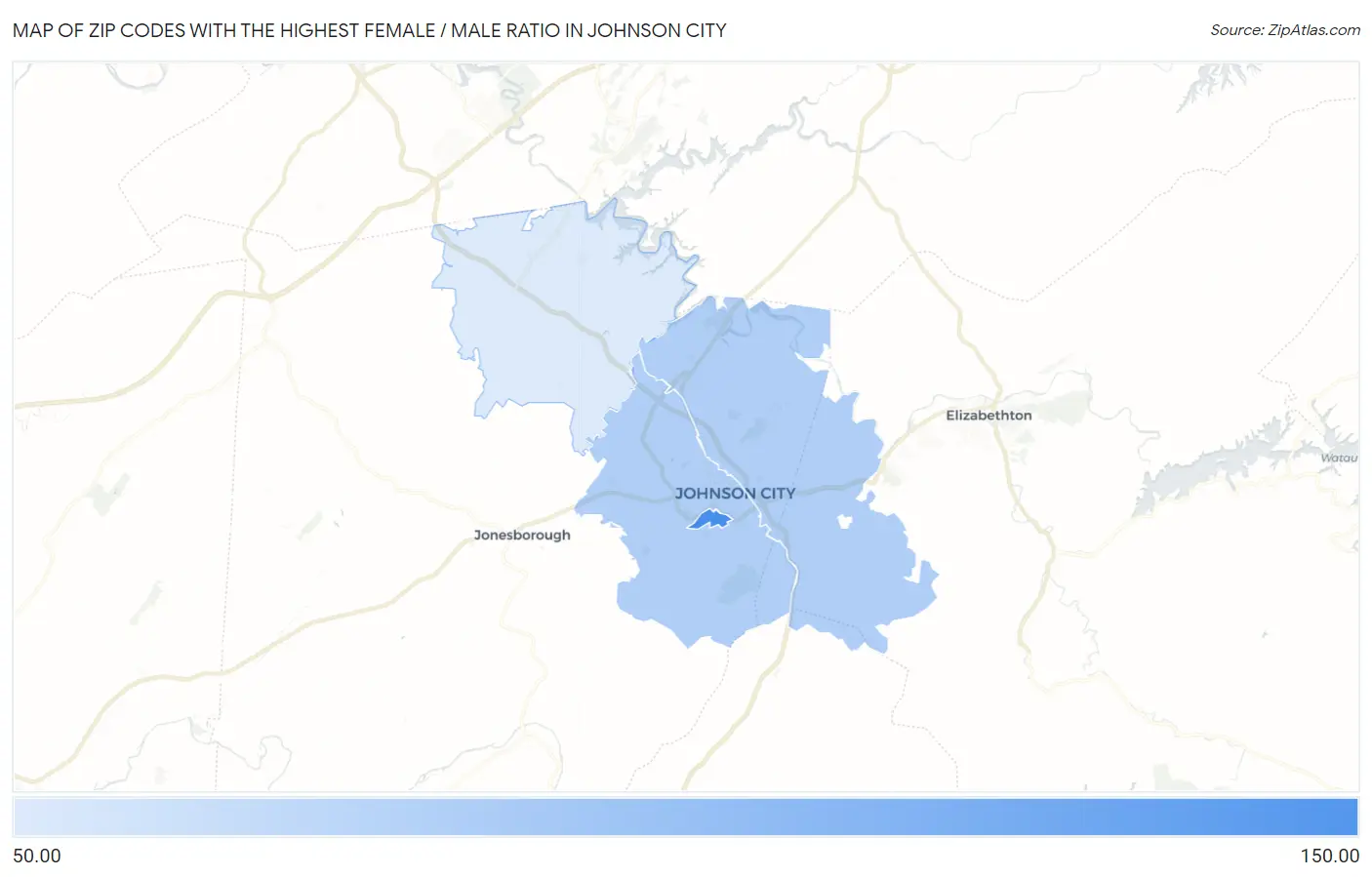 Zip Codes with the Highest Female / Male Ratio in Johnson City Map