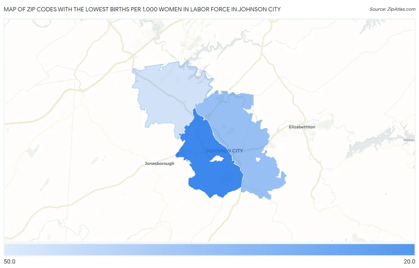Zip Codes with the Lowest Births per 1,000 Women in Labor Force in Johnson City Map