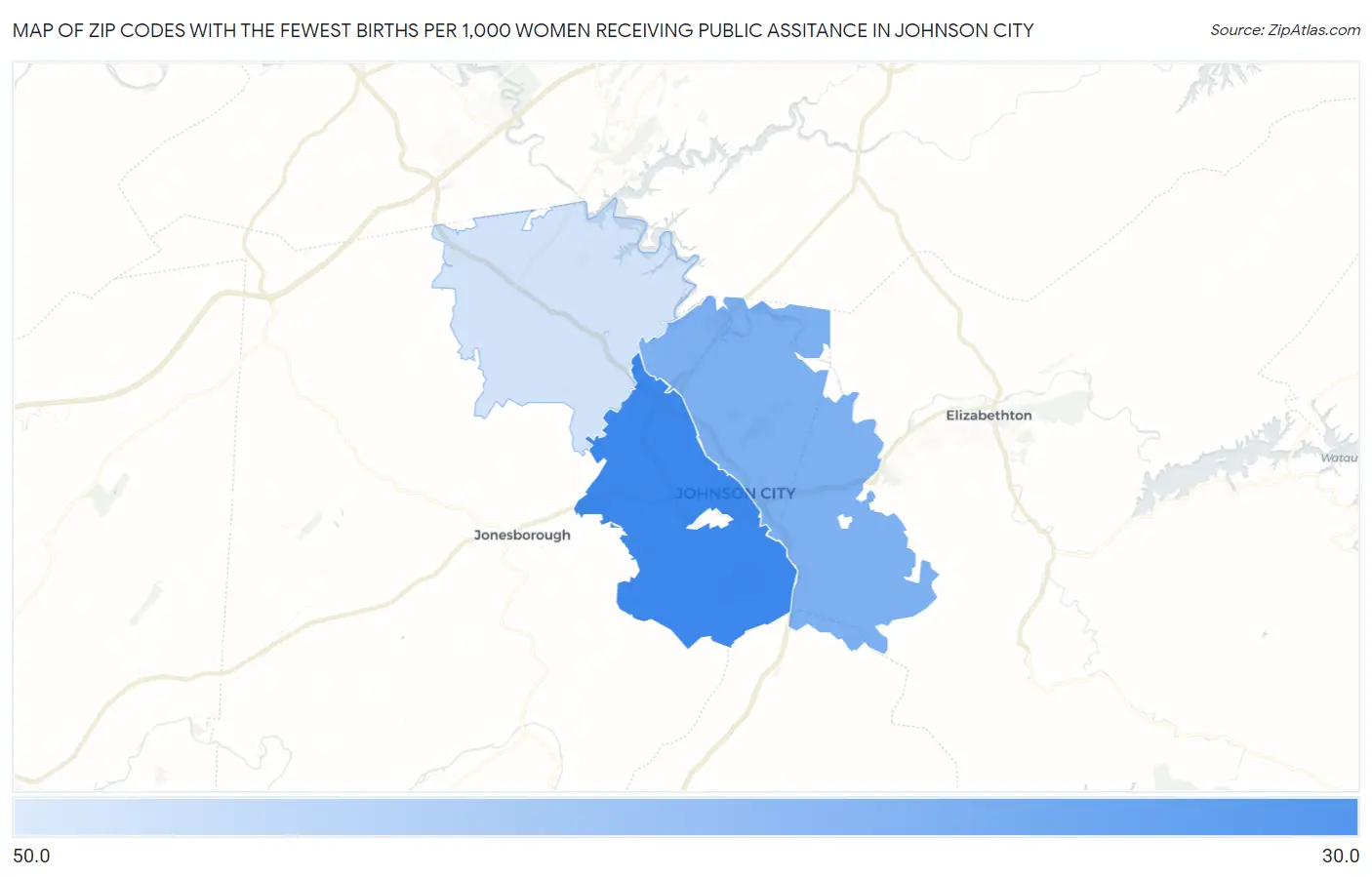Zip Codes with the Fewest Births per 1,000 Women Receiving Public Assitance in Johnson City Map