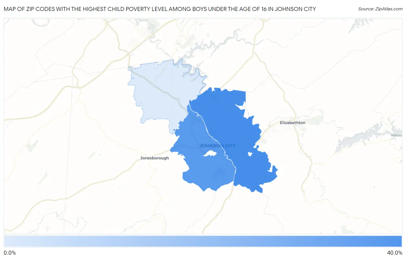 Zip Codes with the Highest Child Poverty Level Among Boys Under the Age of 16 in Johnson City Map