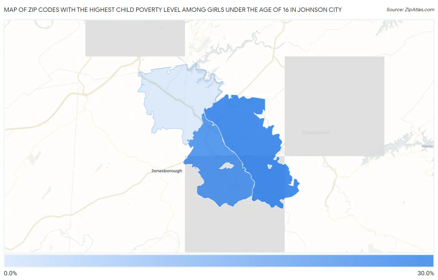 Zip Codes with the Highest Child Poverty Level Among Girls Under the Age of 16 in Johnson City Map