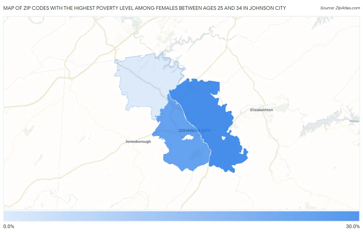 Zip Codes with the Highest Poverty Level Among Females Between Ages 25 and 34 in Johnson City Map