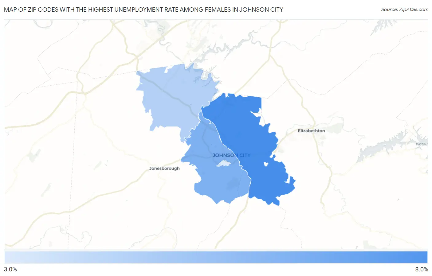 Zip Codes with the Highest Unemployment Rate Among Females in Johnson City Map