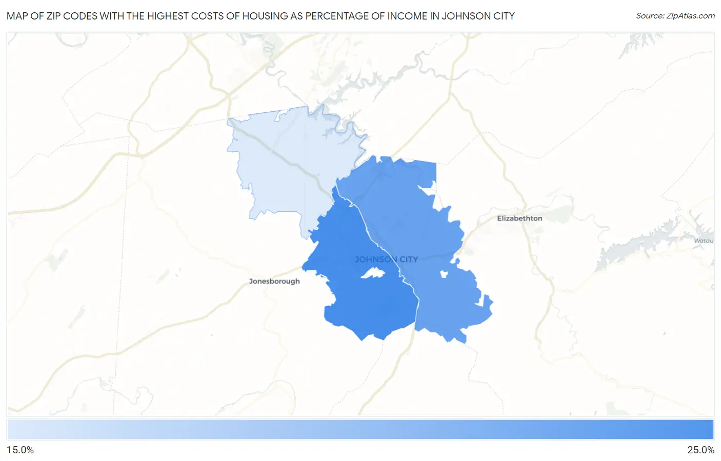 Zip Codes with the Highest Costs of Housing as Percentage of Income in Johnson City Map