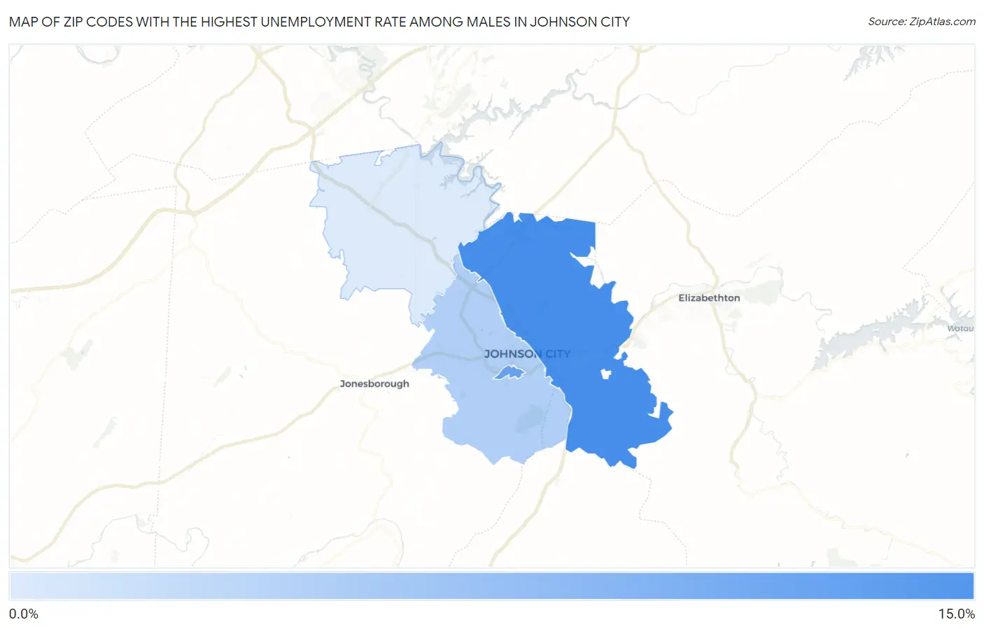 Zip Codes with the Highest Unemployment Rate Among Males in Johnson City Map