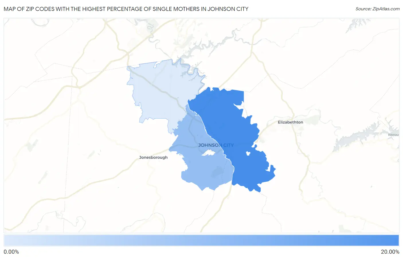 Zip Codes with the Highest Percentage of Single Mothers in Johnson City Map