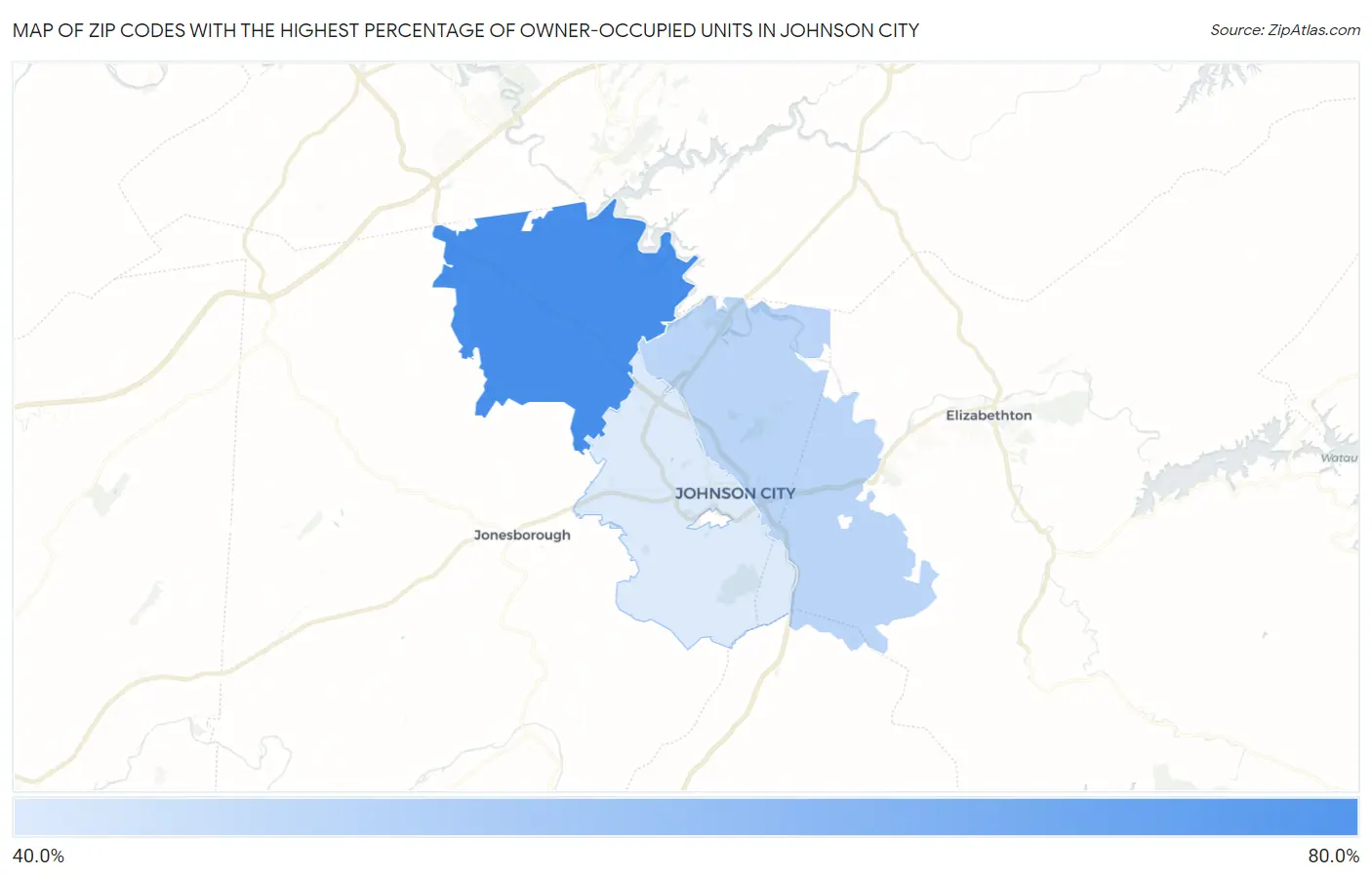 Zip Codes with the Highest Percentage of Owner-Occupied Units in Johnson City Map