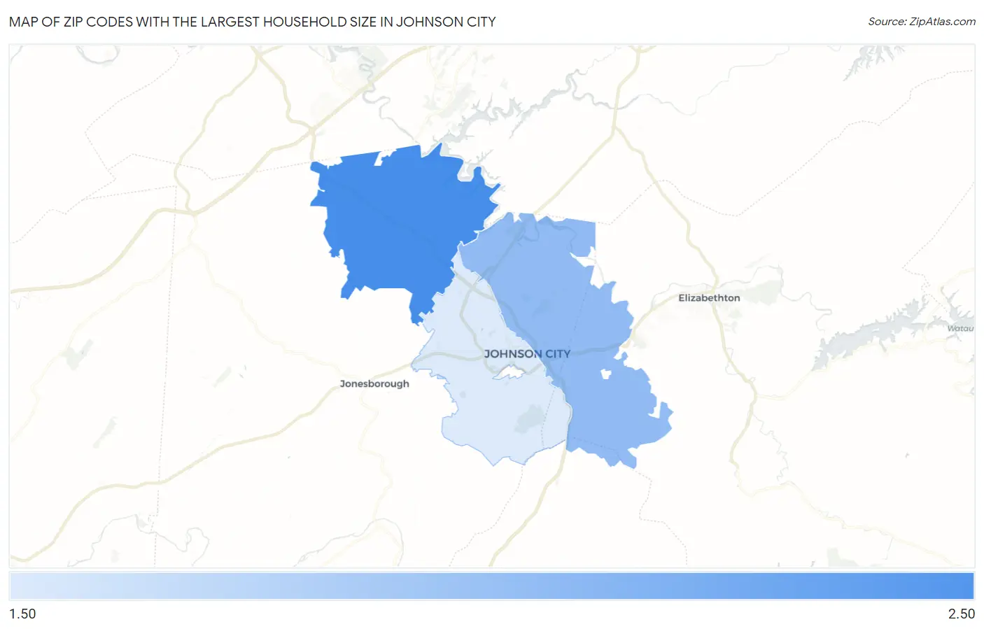 Zip Codes with the Largest Household Size in Johnson City Map