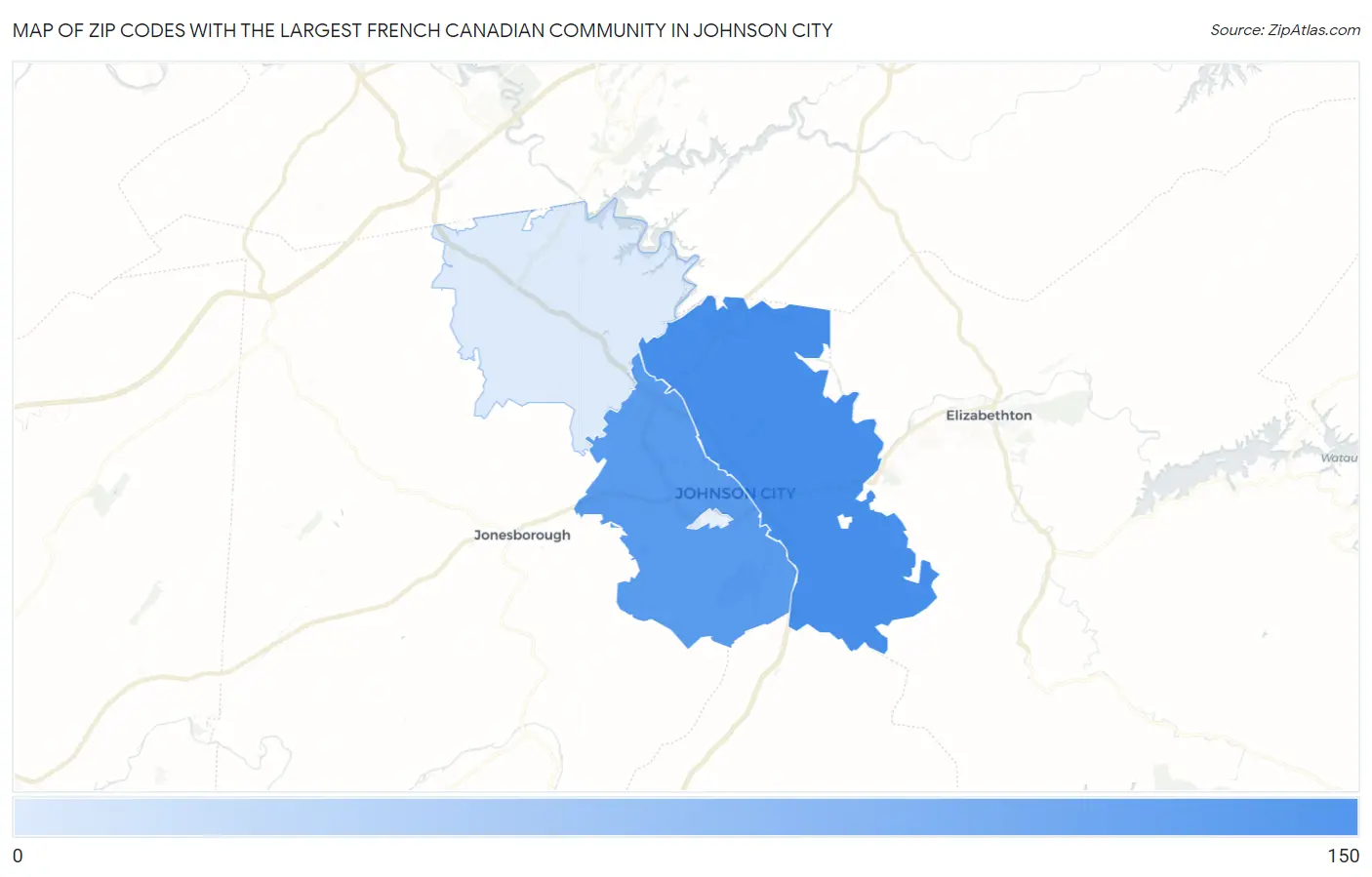 Zip Codes with the Largest French Canadian Community in Johnson City Map