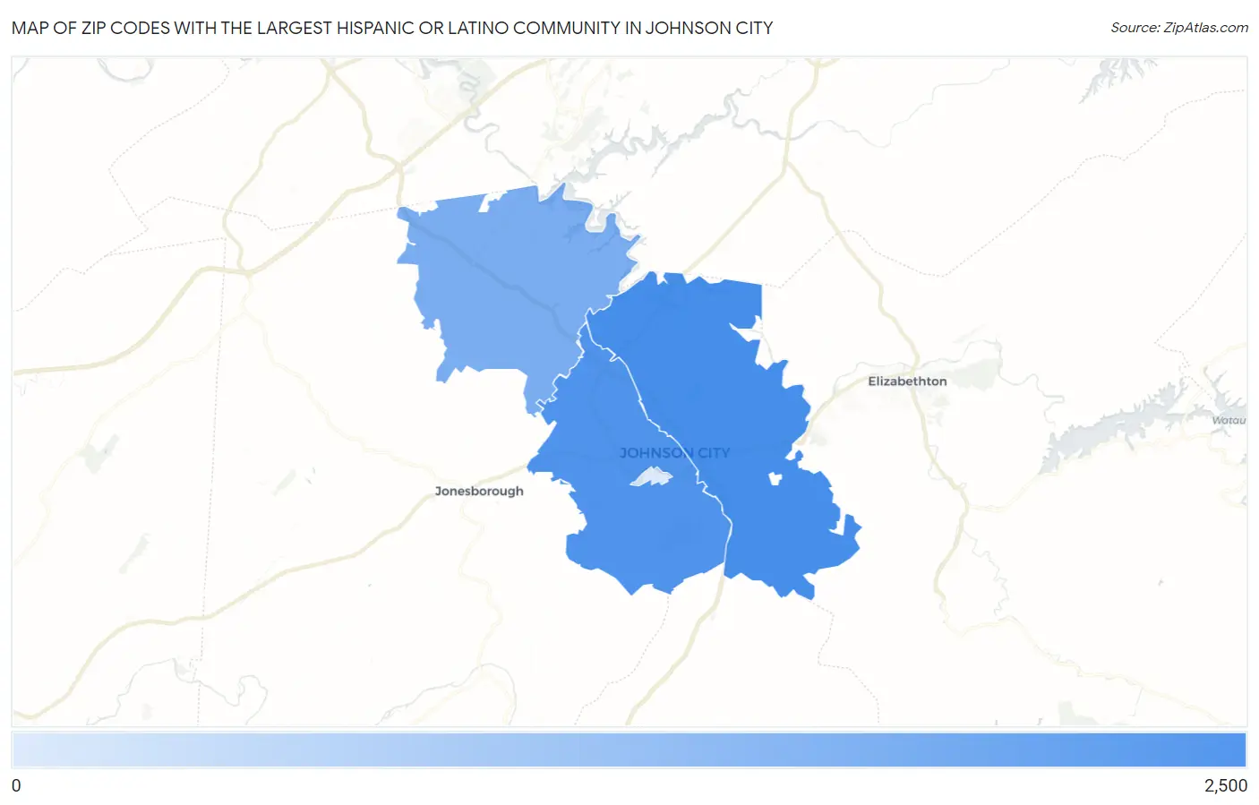 Zip Codes with the Largest Hispanic or Latino Community in Johnson City Map