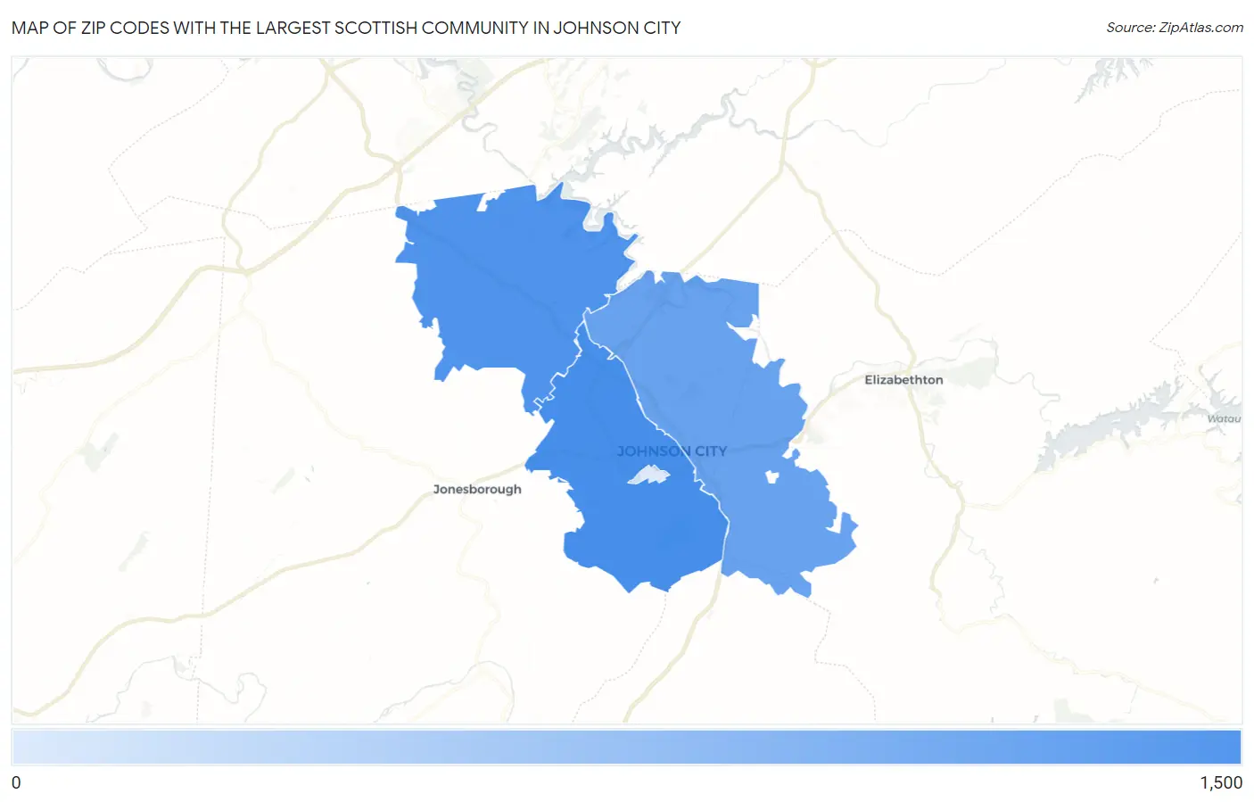 Zip Codes with the Largest Scottish Community in Johnson City Map