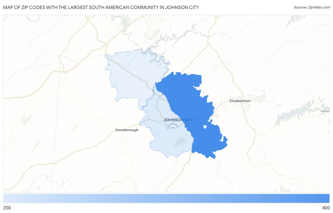 Zip Codes with the Largest South American Community in Johnson City Map