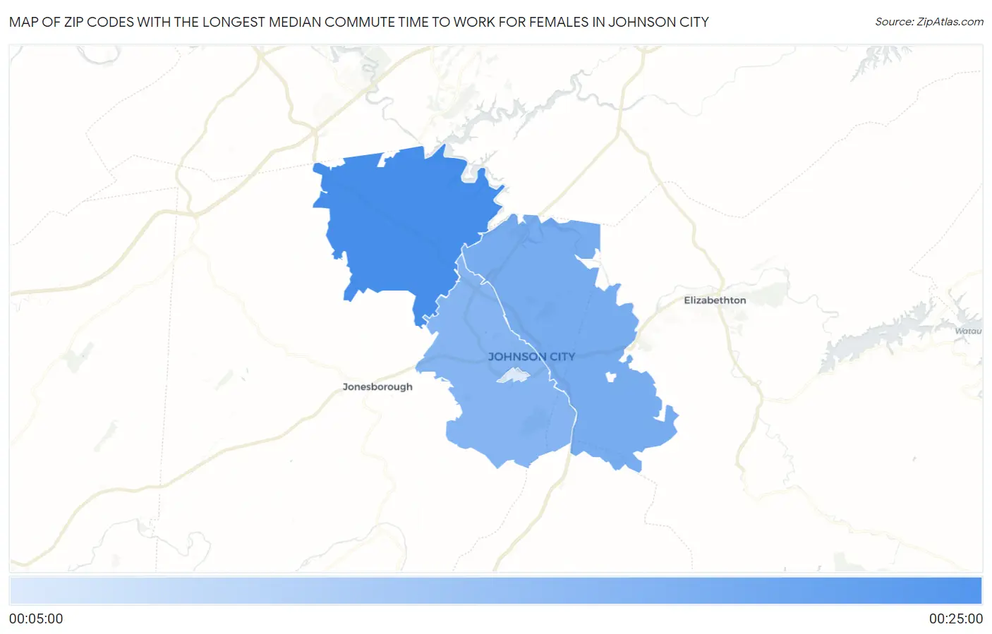 Zip Codes with the Longest Median Commute Time to Work for Females in Johnson City Map