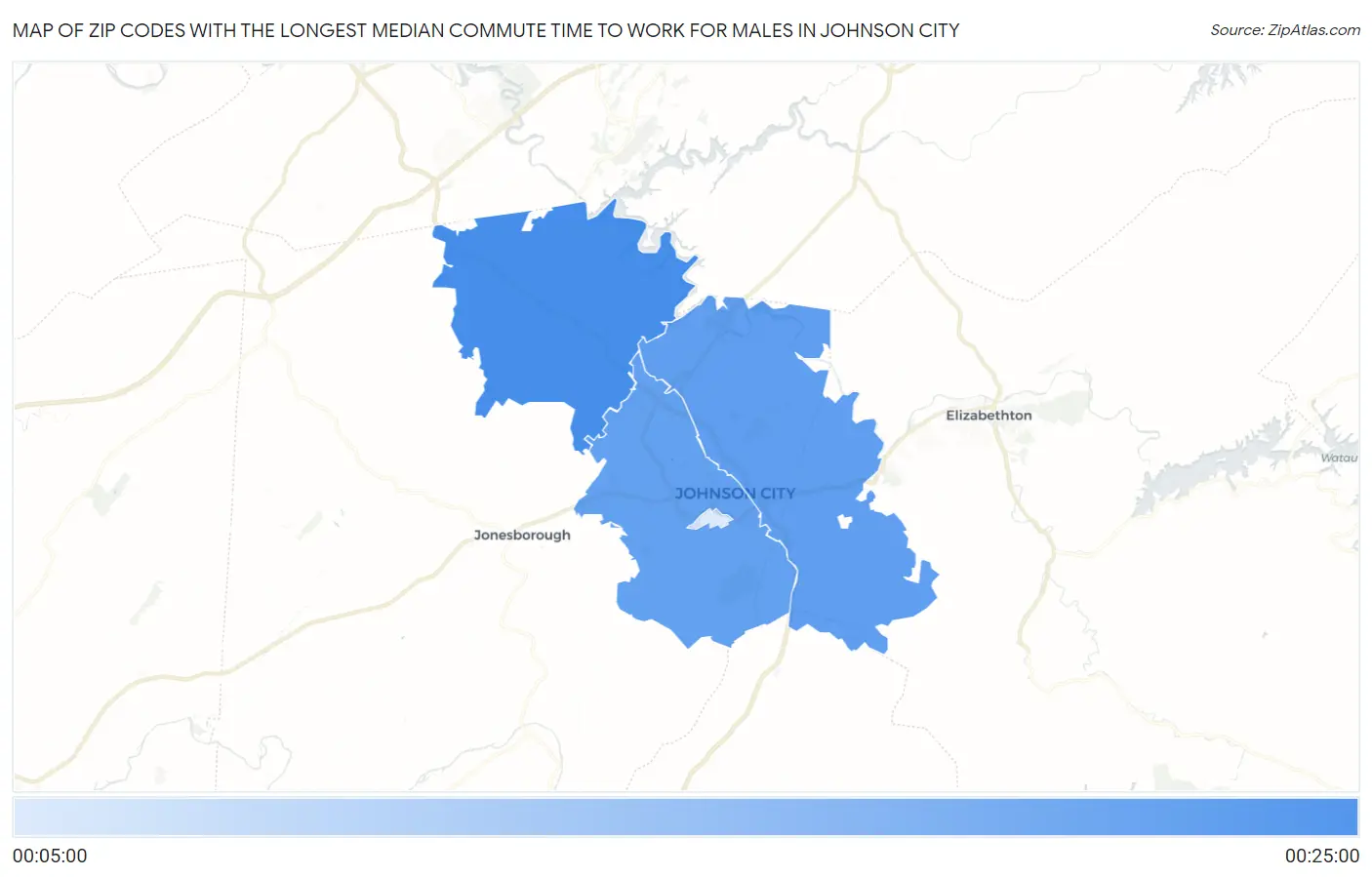 Zip Codes with the Longest Median Commute Time to Work for Males in Johnson City Map