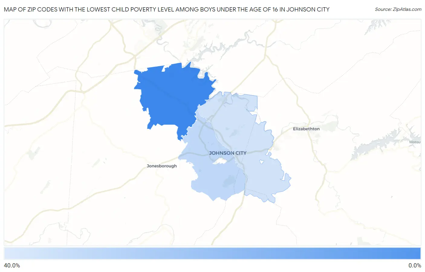 Zip Codes with the Lowest Child Poverty Level Among Boys Under the Age of 16 in Johnson City Map