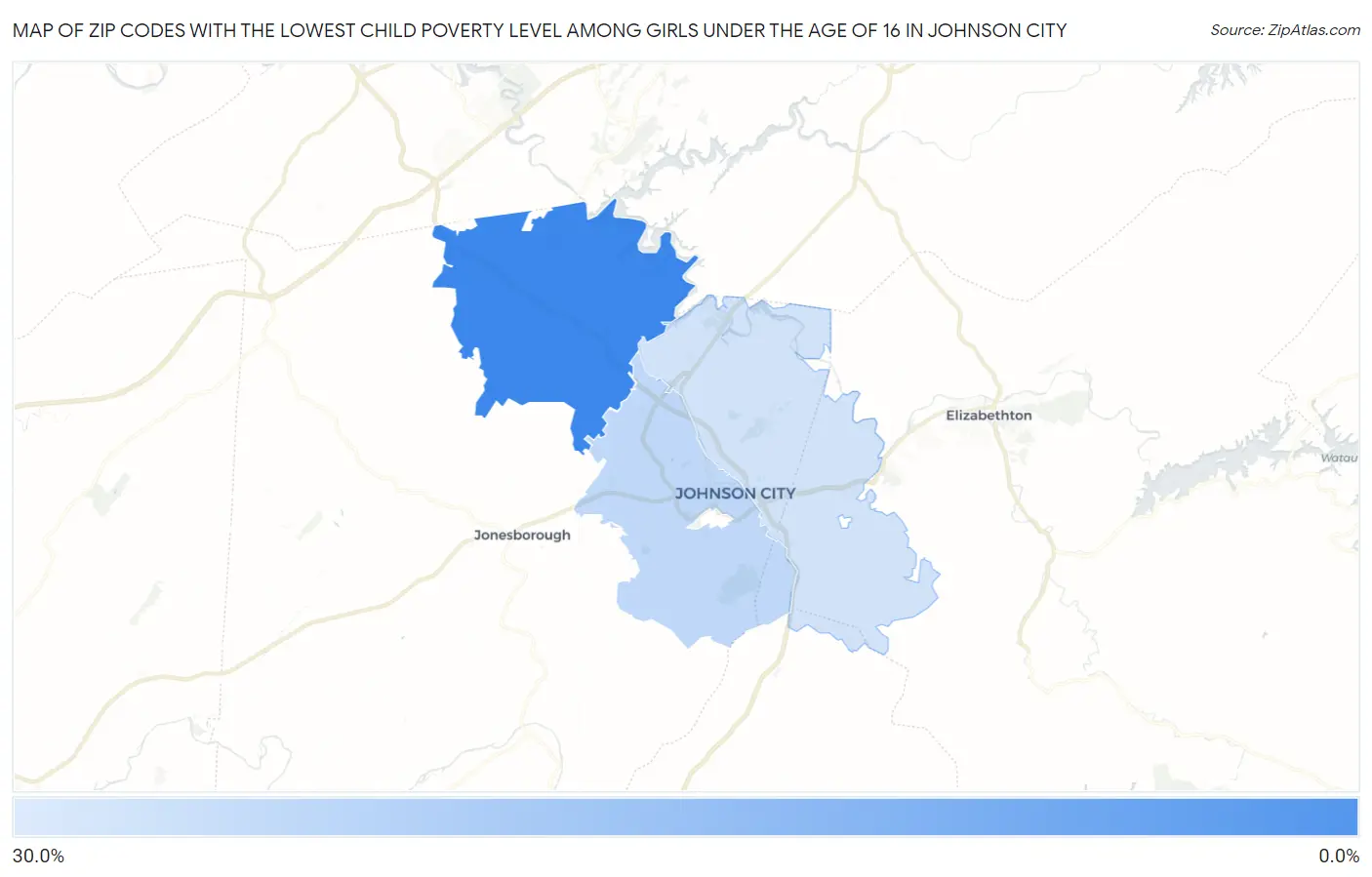 Zip Codes with the Lowest Child Poverty Level Among Girls Under the Age of 16 in Johnson City Map