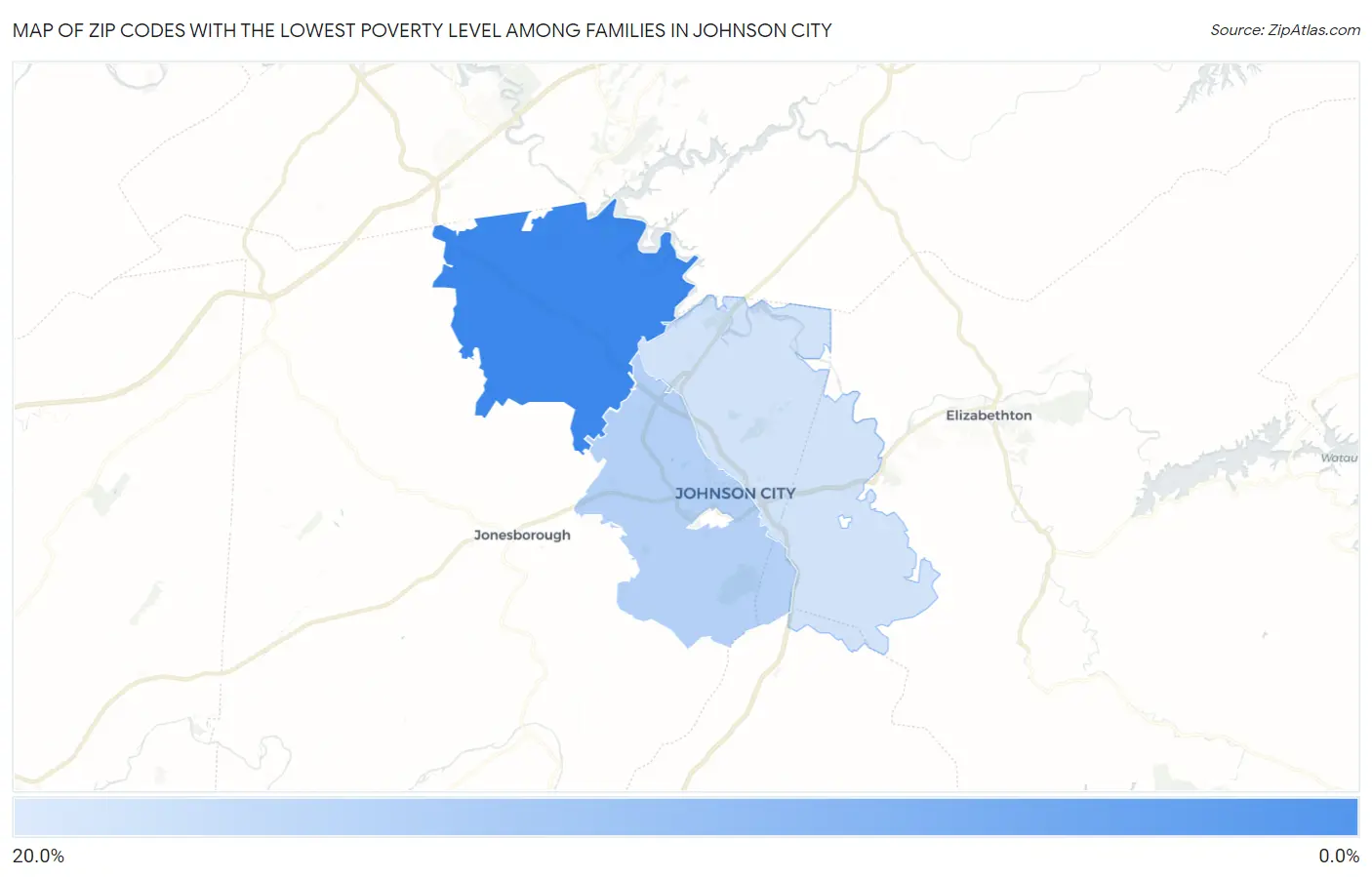Zip Codes with the Lowest Poverty Level Among Families in Johnson City Map