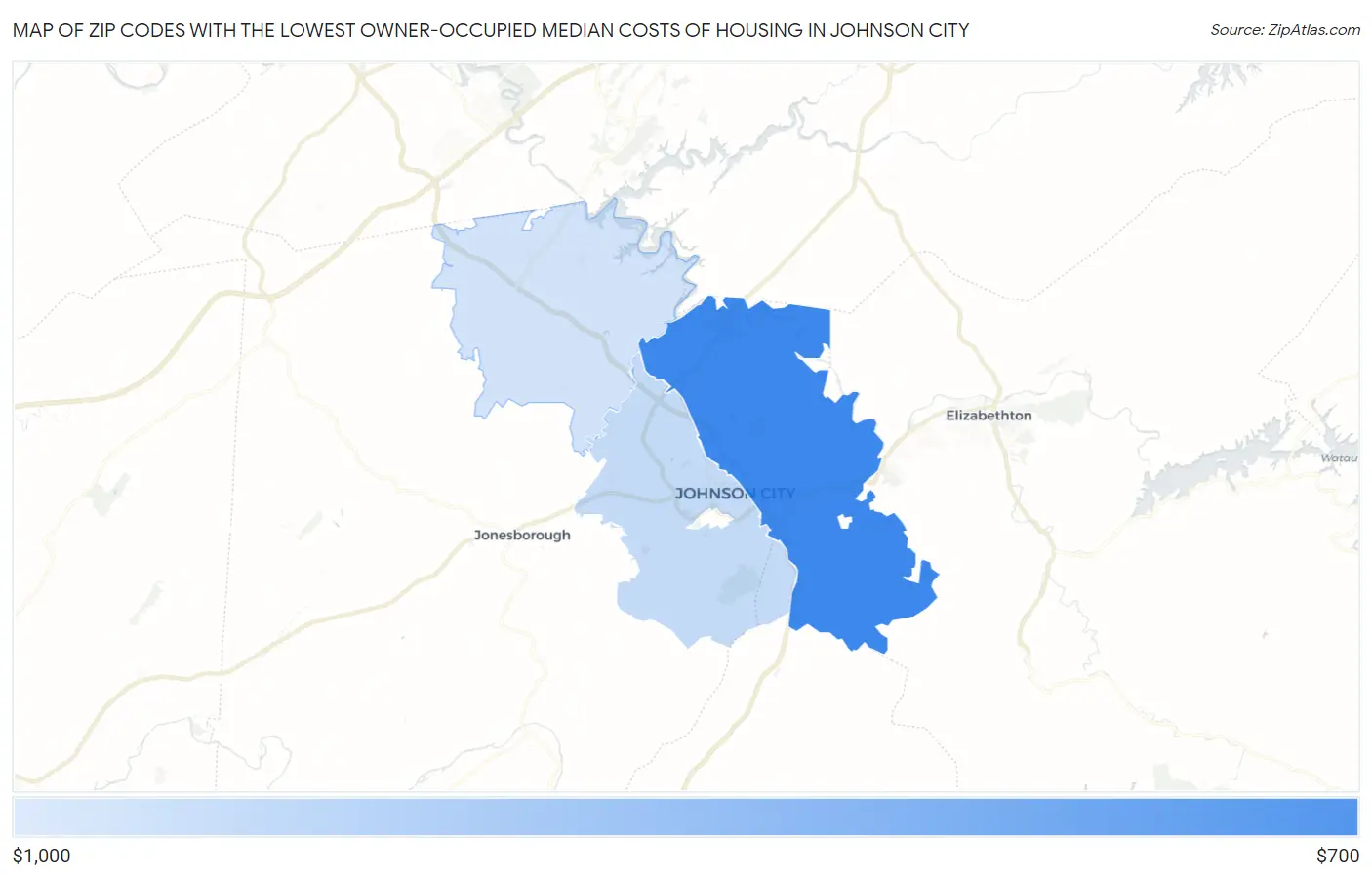 Zip Codes with the Lowest Owner-Occupied Median Costs of Housing in Johnson City Map