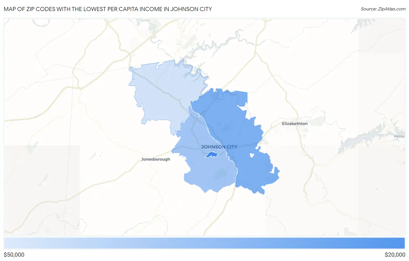 Zip Codes with the Lowest Per Capita Income in Johnson City Map