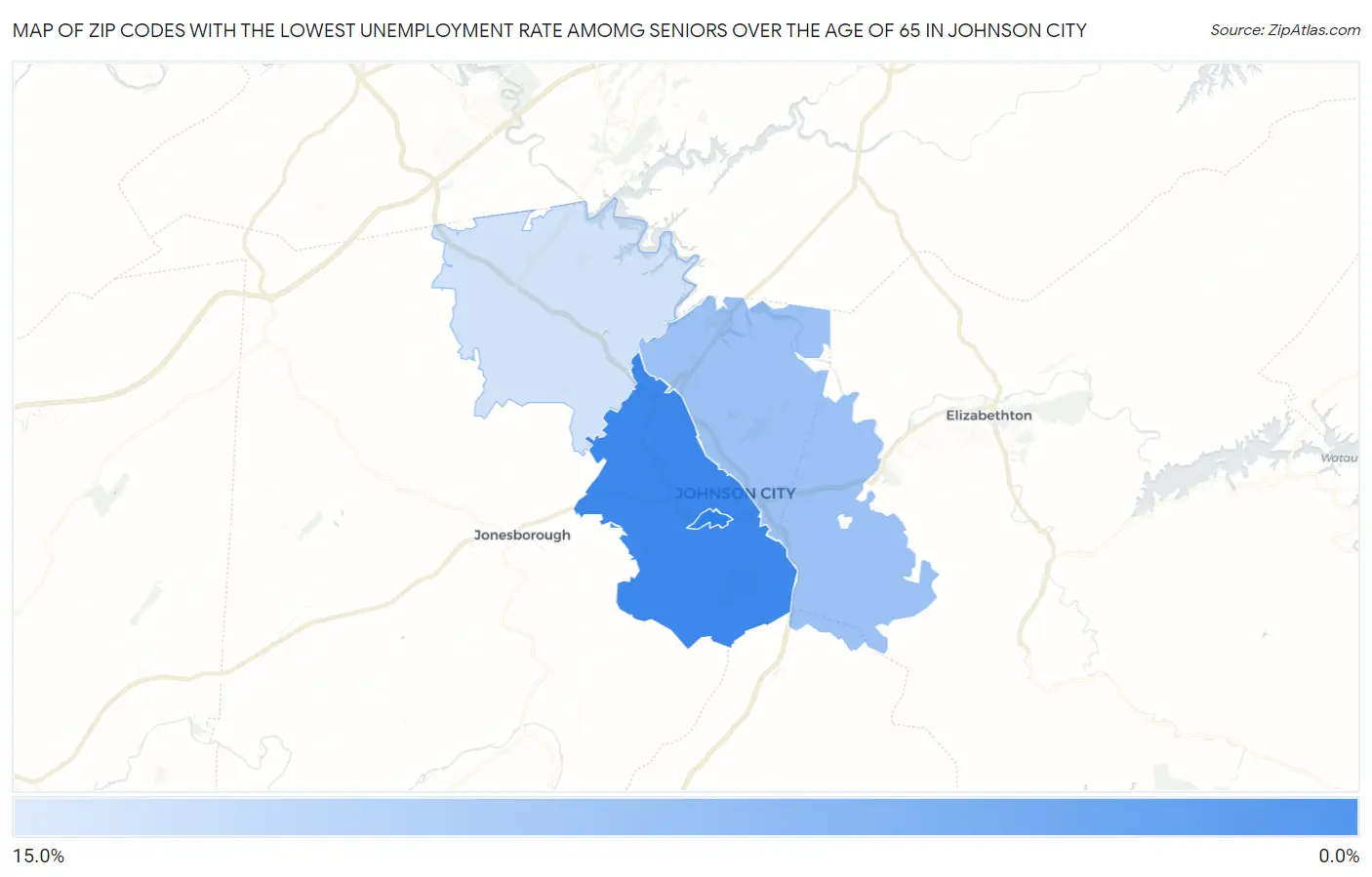 Zip Codes with the Lowest Unemployment Rate Amomg Seniors Over the Age of 65 in Johnson City Map