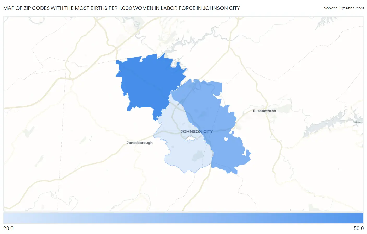 Zip Codes with the Most Births per 1,000 Women in Labor Force in Johnson City Map