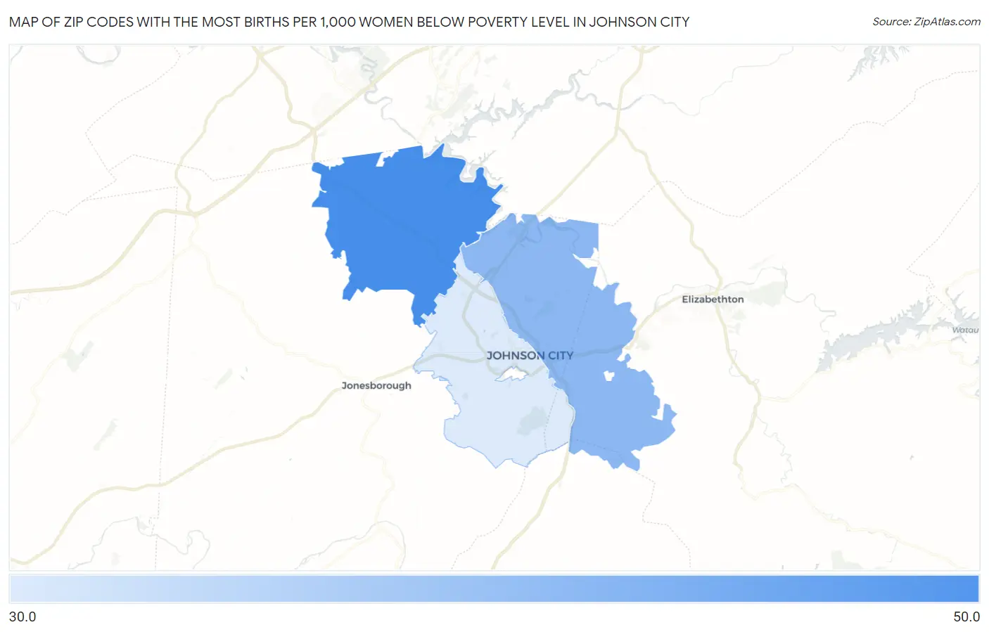 Zip Codes with the Most Births per 1,000 Women Below Poverty Level in Johnson City Map