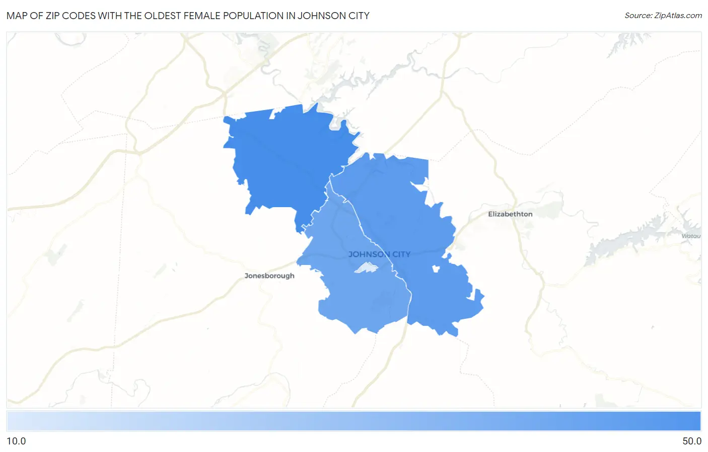 Zip Codes with the Oldest Female Population in Johnson City Map