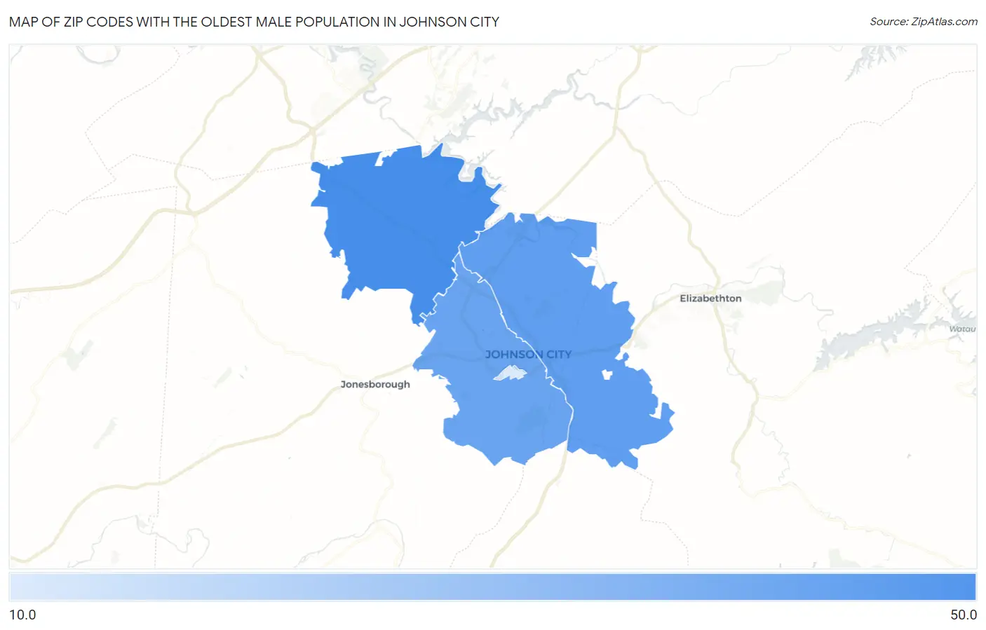Zip Codes with the Oldest Male Population in Johnson City Map
