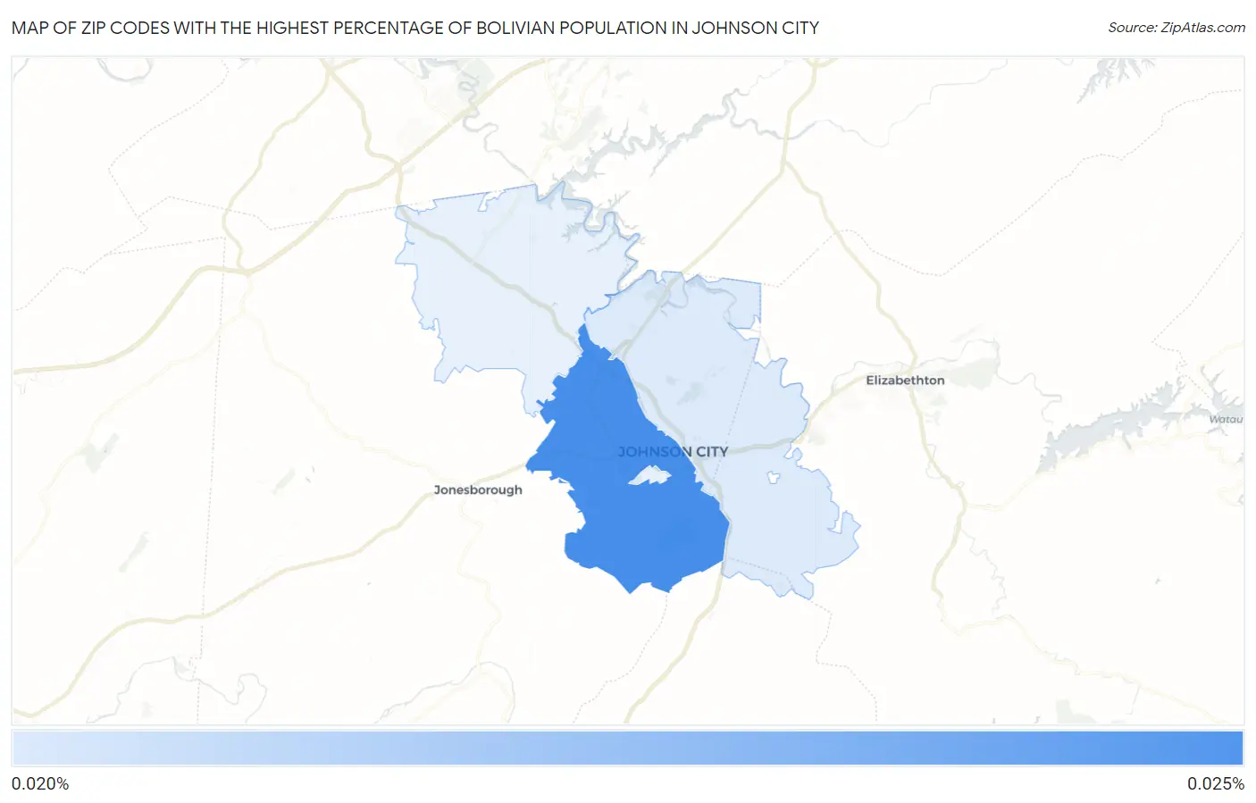 Zip Codes with the Highest Percentage of Bolivian Population in Johnson City Map