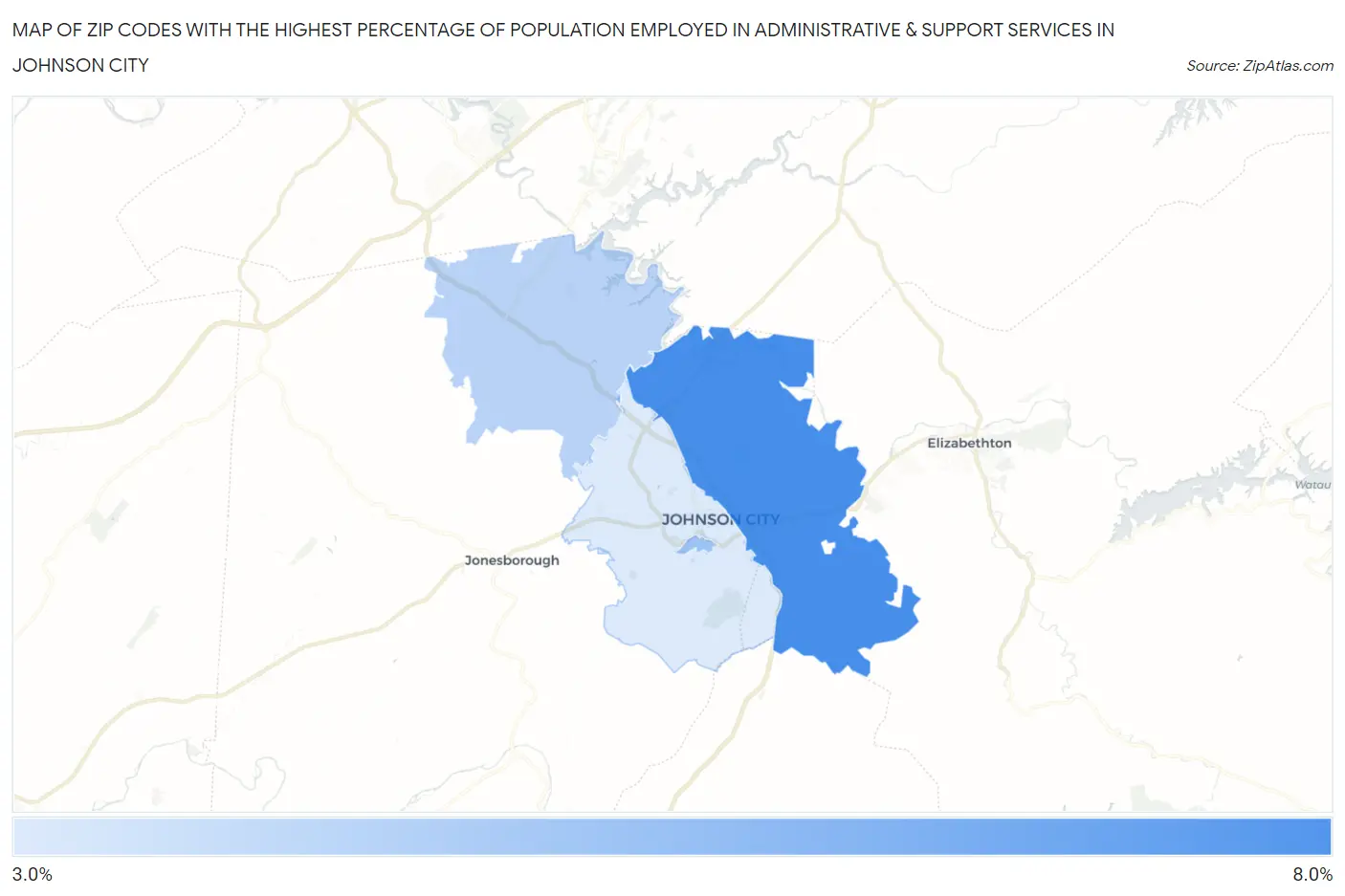 Zip Codes with the Highest Percentage of Population Employed in Administrative & Support Services in Johnson City Map