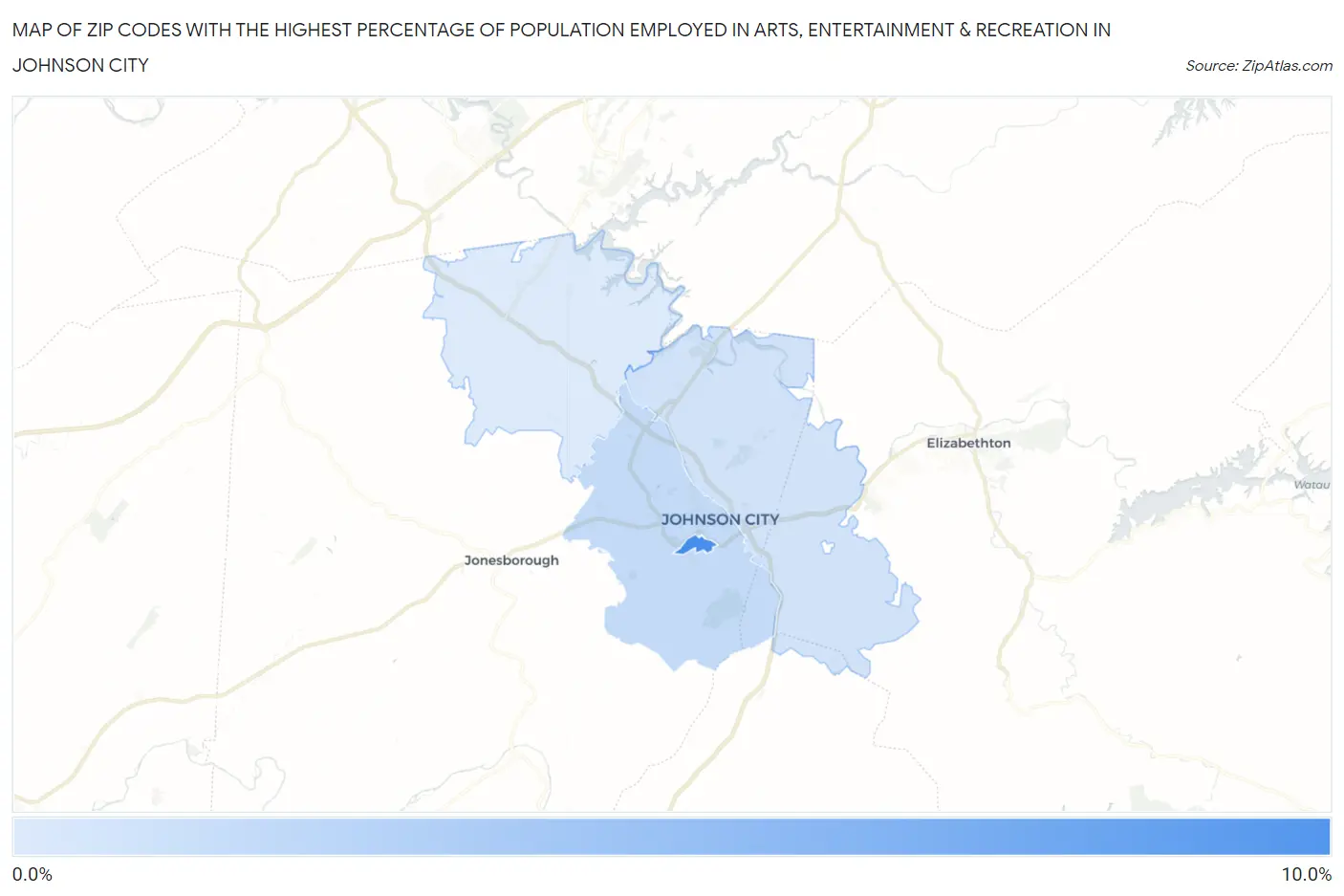 Zip Codes with the Highest Percentage of Population Employed in Arts, Entertainment & Recreation in Johnson City Map